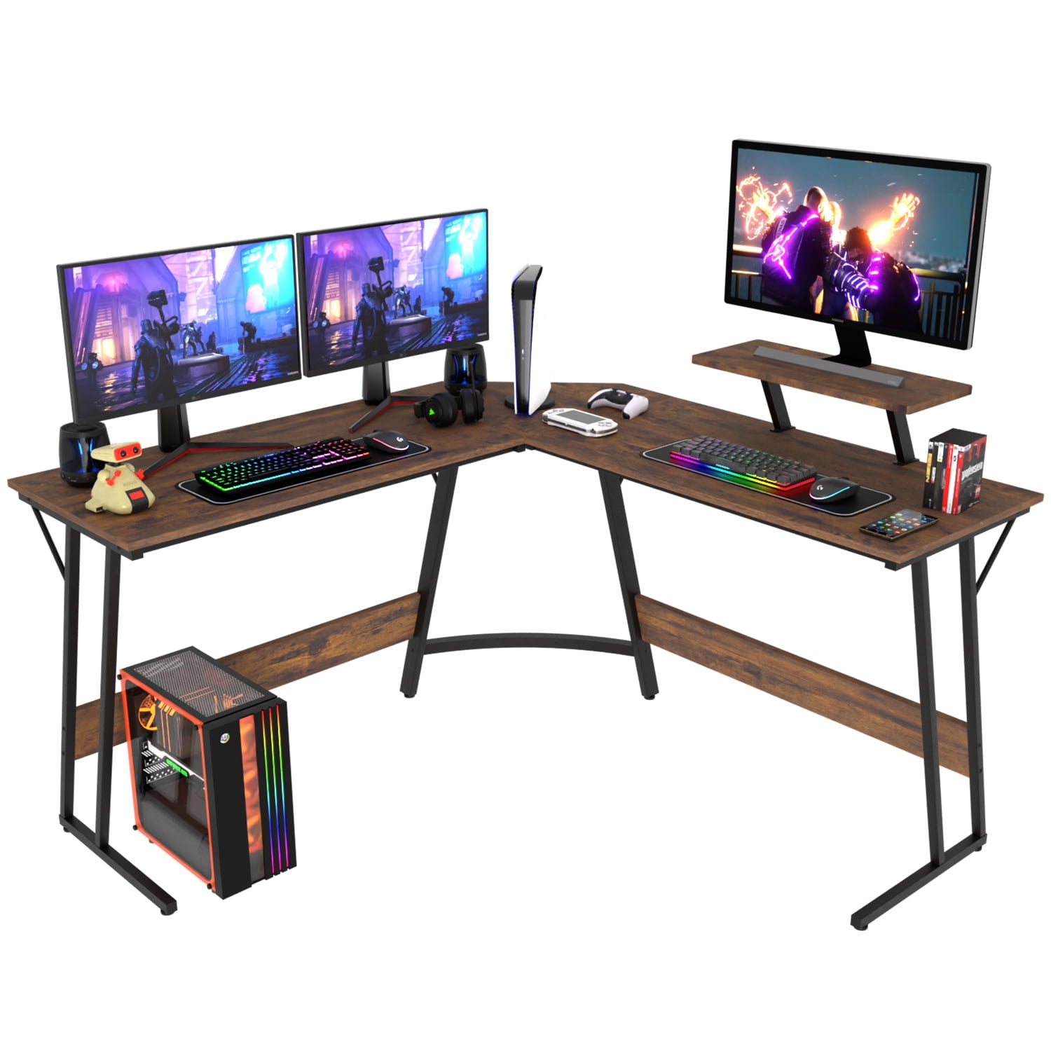 PayLessHere L Shaped Corner Gaming, Computer Desk with Large Desktop Studying and Working and Gaming for Home and Work Place,Brown
