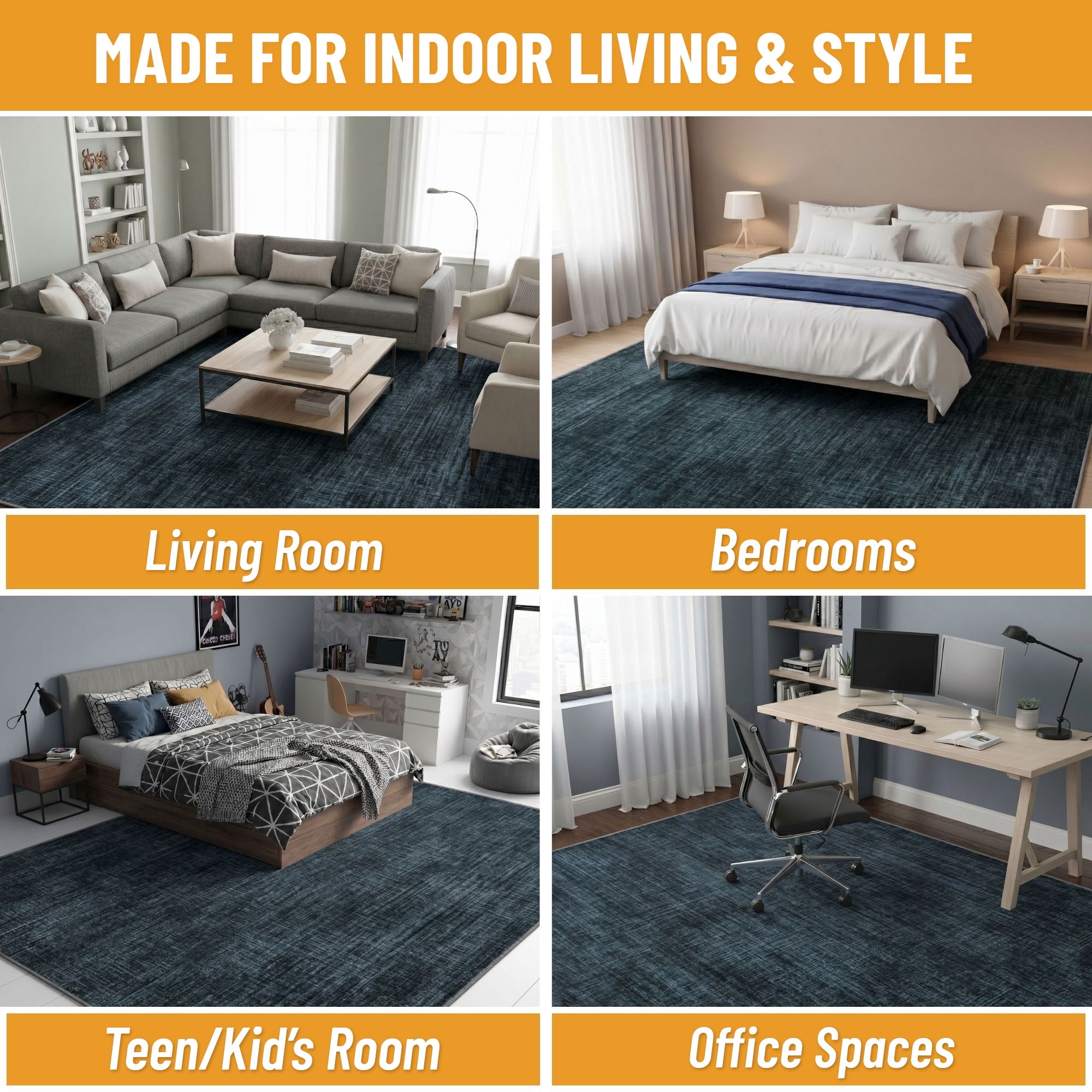 Ottomanson Non-Slip Extra Large Area Rug 7'10" x 25' Low Pile Living Room Carpet, Solid Charcoal Navy