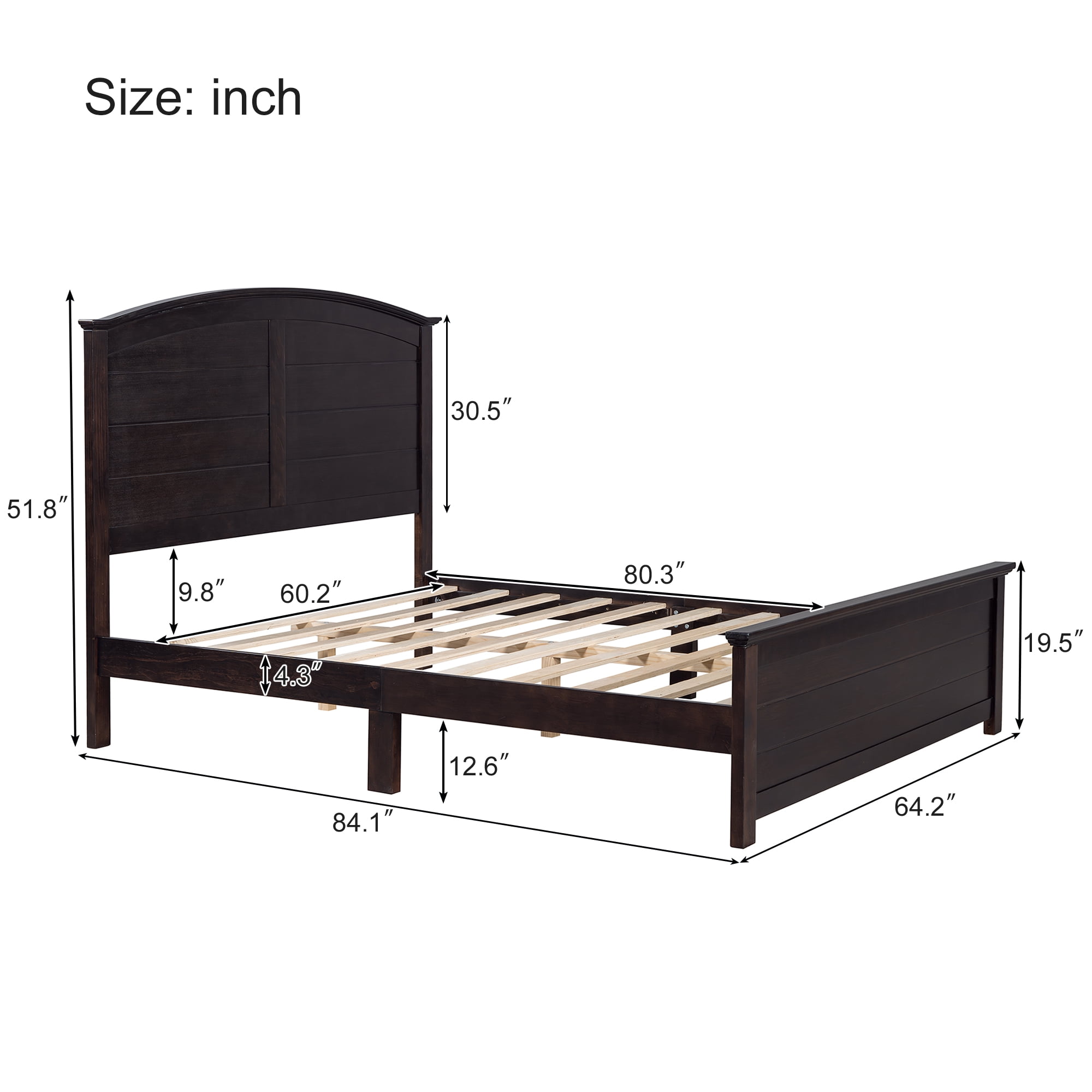 Miniyam Queen Size Farmhouse Wooden Platform Bed with High Headboard and Footboard, Espresso