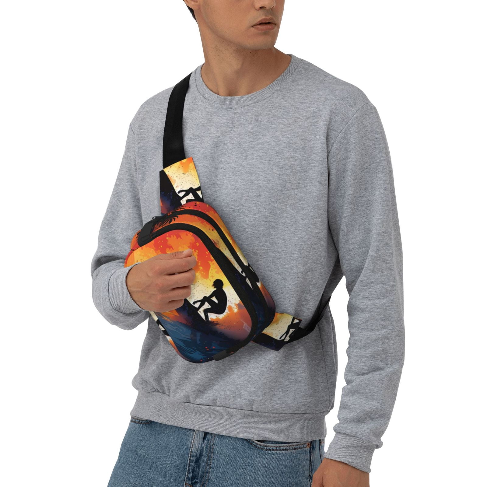Picia Sunset Surfing Silhouette Print Square Double-Layer Waist Bag Mini Adjustable Waist Belt Bag Exercise Running Travel Hiking