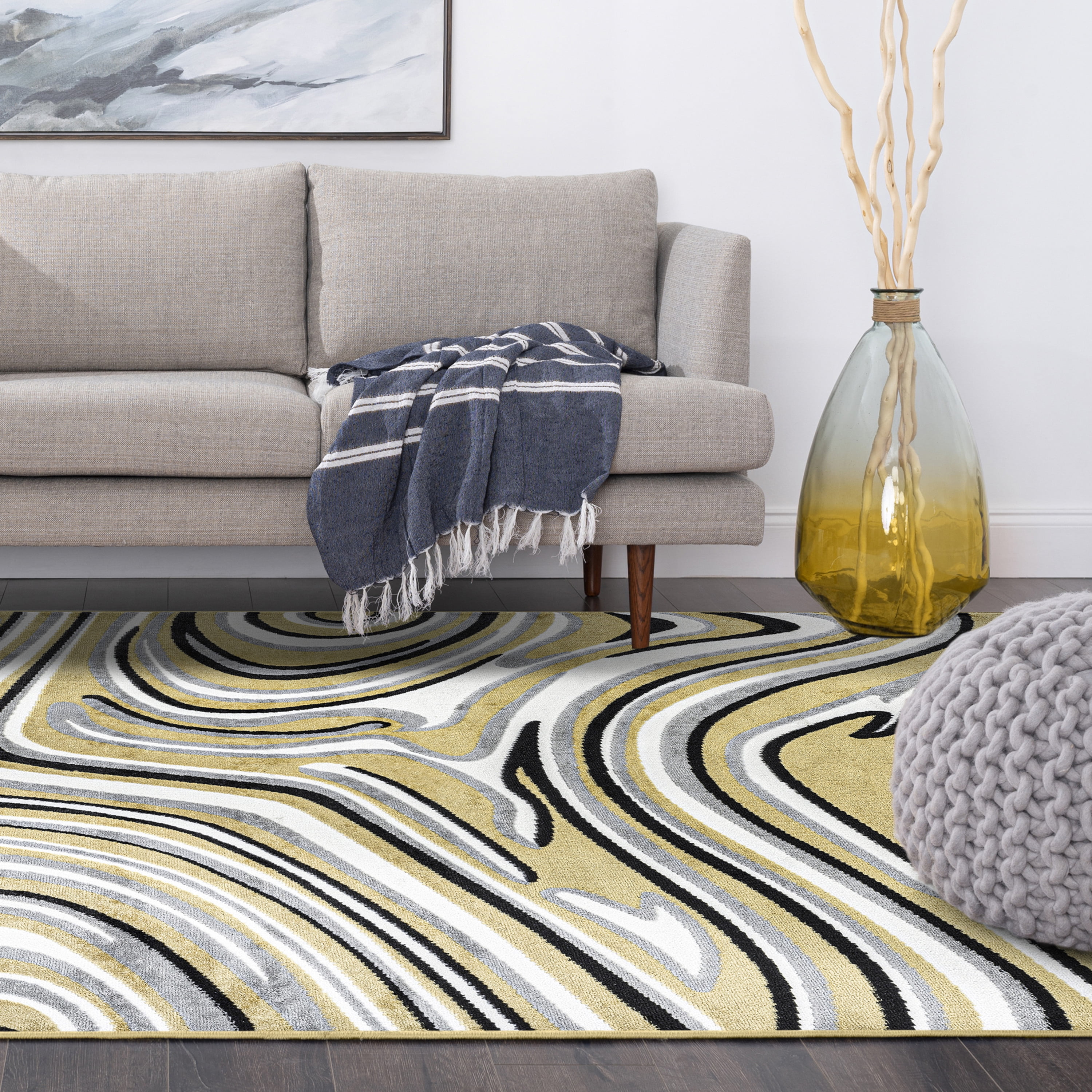 Contemporary 8x10 Area Rug (7'11'' x 10'3'') Abstract Yellow, Charcoal Living Room Easy to Clean