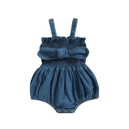 

Infant Baby Girls Denim Romper Solid Color Bowknot Ruched Sleeveless Sling Summer Jumpsuits Playusits