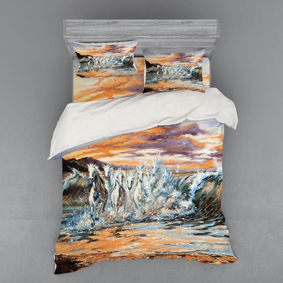 Ambesonne Colorful Bedding Set 4 Pcs, Retro Surreal Horses, Queen, Multicolor