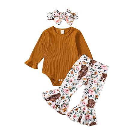 

Musuos Baby Girls Spring Outfit Sets Brown Long Sleeve Ribbed Romper + Floral Cattle Print Flared Pants + Headband