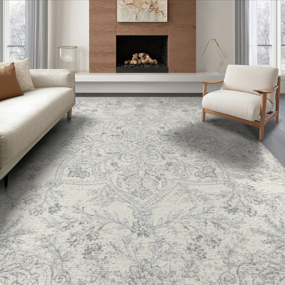 ODIKA 8'x10' Washable Area Rug Non-Slip Chair-Friendly Mat Boho Distressed Dining Motif Featuring Symmetrical Ornament Layout for Room, Large Office, Lounge