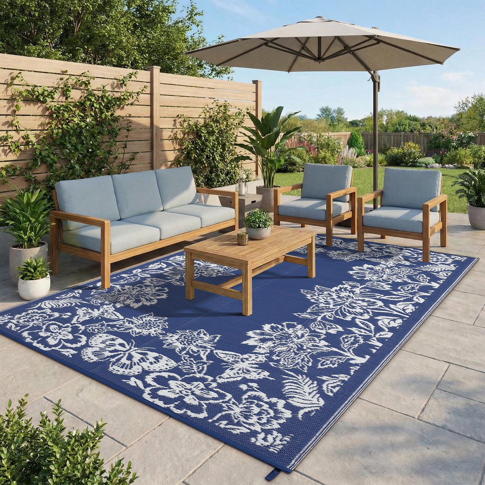 HIWEAVER Navy/White 9'x 12' Outdoor Rug PP Plastic Straw Woven Waterproof Patio Rug with Floral Border Portable Outside Carpet for Balcony Deck Picnic Garden Decor