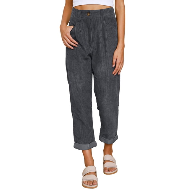 Pantalones de pana de color liso para mujer, pantalón informal, holgado, de cintura alta y pierna ancha, para otoño e invierno