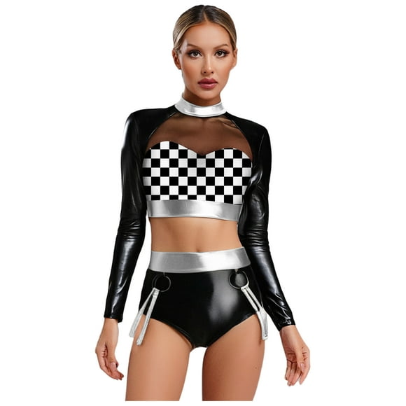 Eandarui Womens Pcs Cheer Shiny Metallic Rave Outfits Long Sleeve Crop Tops With Shorts Silver XXL
