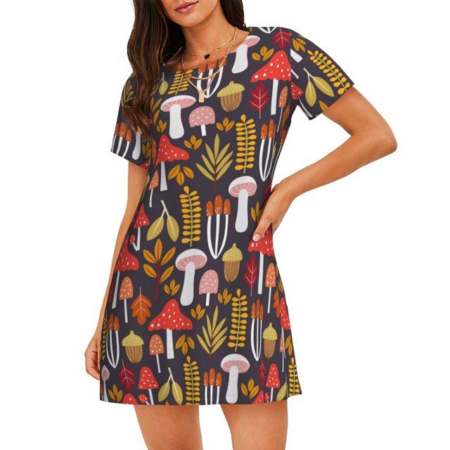 Easygdp Mushrooms And Leaves Camisón de manga corta para mujer, informal, estampado