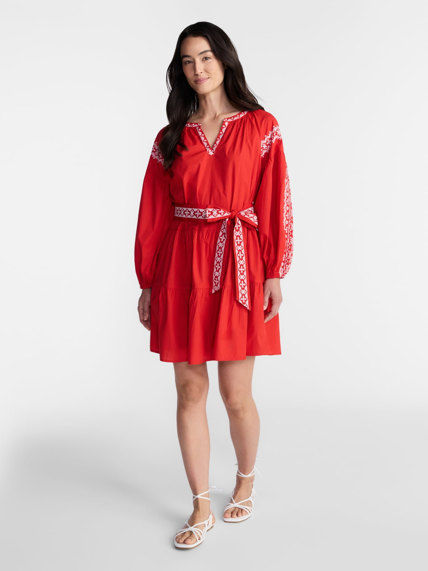 Time and Tru Women's Embroidered Cotton Mini Dress with Long Sleeves, Sizes XS-XXXL