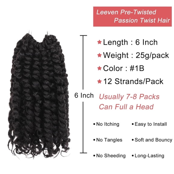 WEIF-6 Inch Pre Twisted Passion Twist Hair 8 Packs Natural Black Short Crochet Bomb Twist Curly Ends Hair Pre Looped Bohemian Synthetic Braids Hair Extensions for Black Women #1B