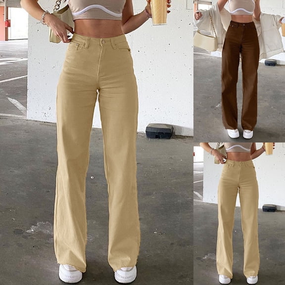 Hpapadks Boyfriend Jeans for Women Solid Loose Washed Polished Waist Straight Leg Denim Pant with Pockets Pants for Women Brown L