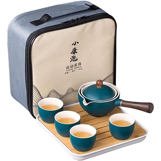 Youngky Porcelain Chinese Ceramic Gongfu Tea Set,Portable Travel Tea Set with 360 Rotation Tea maker and Infuser, All in One Gift Bag for Travel,Home,Gifting,and Office (Green)