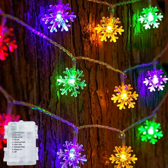 Christmas Snowflake String Lights, 2 Pack Total 100LED 50FT Battery Operated Christmas Lights with 8 Lighting Modes for Indoor Outdoor Xmas Tree Party Decorations, Multi-Colored