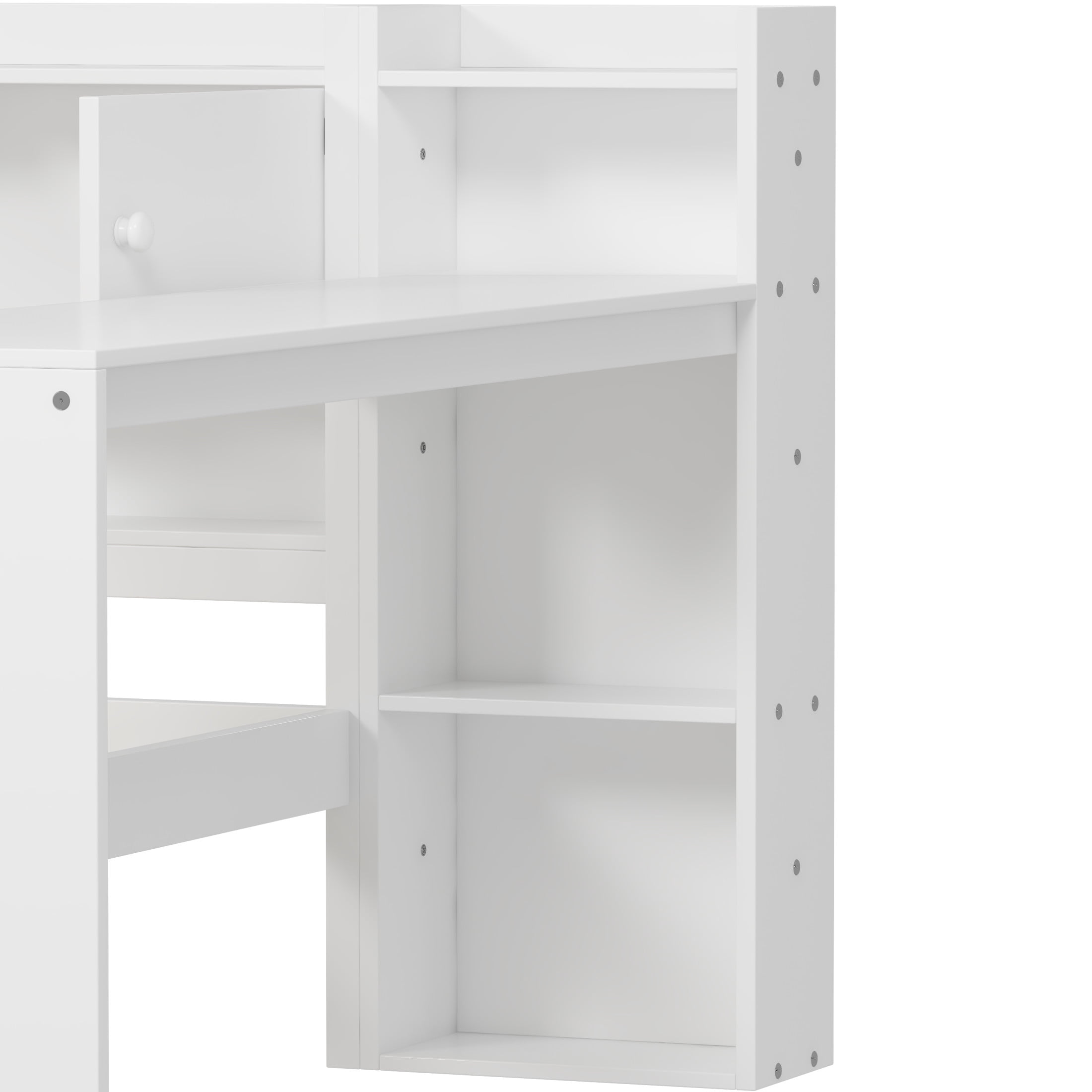 Noble House L-Shaped Full Daybed with Storage Shelves, Desk and 2 Drawers, White