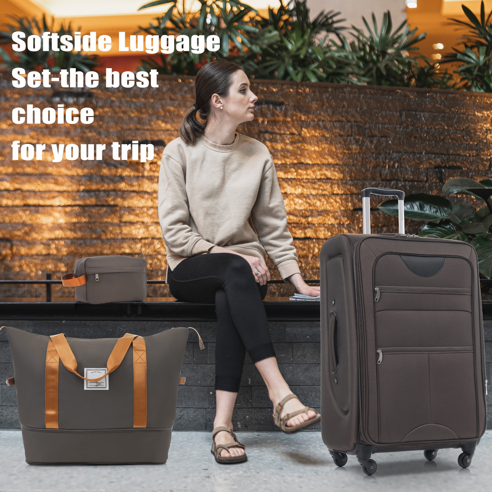EUROCO 5 Piece Softside Luggage Set,Expandable Suitcase Set with Duffel Bag,TSA Lock and Spinner Wheels,Lightweight Suitcase for Men Women,Brown