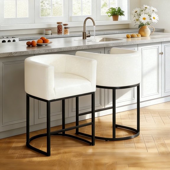 FANCROU 26" H Counter Height Bar Stools Set of 2, PU Leather Count Stool with Back and Footrest，Black Metal Frames, White