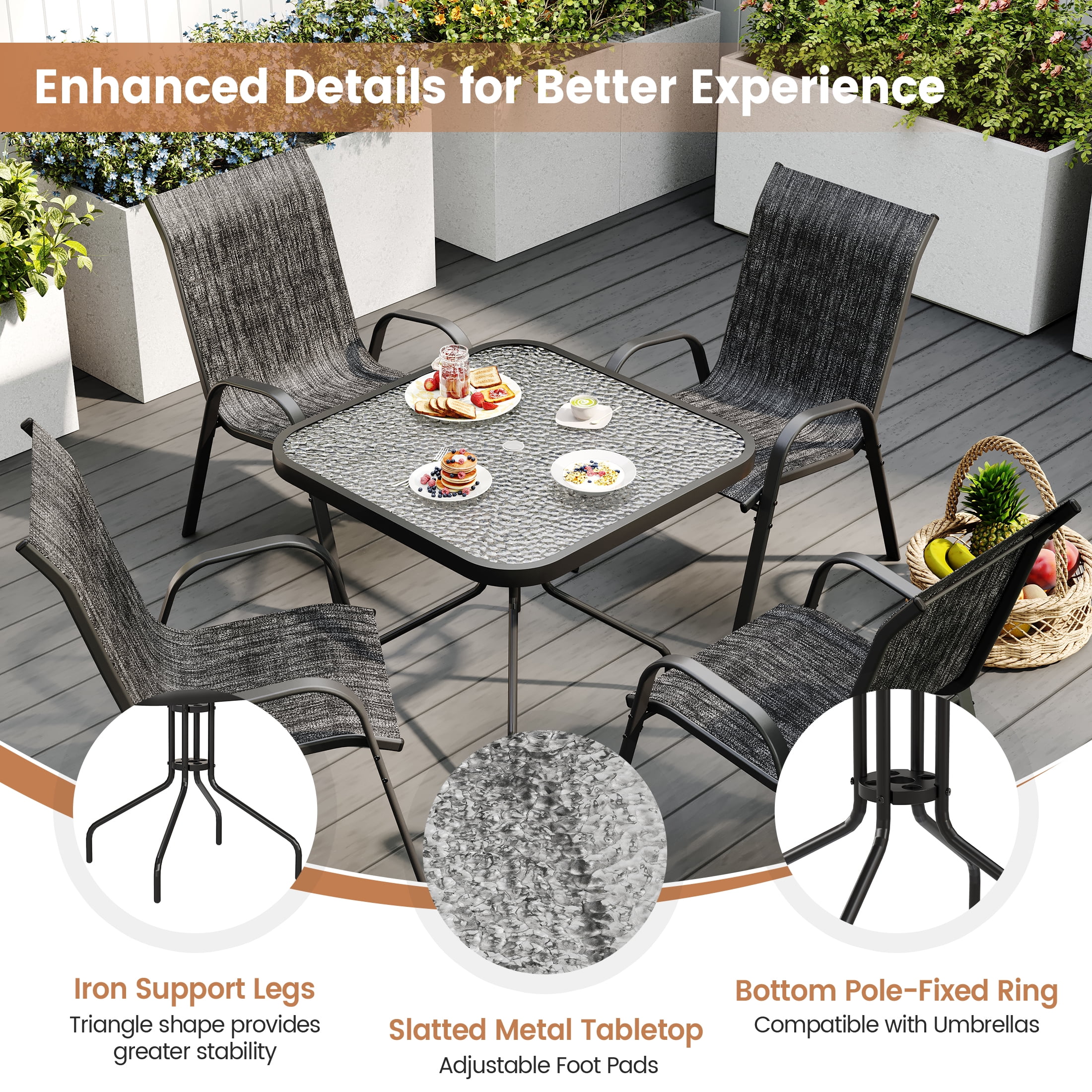 ELPOSUN Outdoor Dining Set of 5, Patio Table and Chairs Set, Textured Glass Tabletop, 4 Stackable Patio Chairs, Patio Furniture, Balcony, Porch, Lawn- Dark Grey