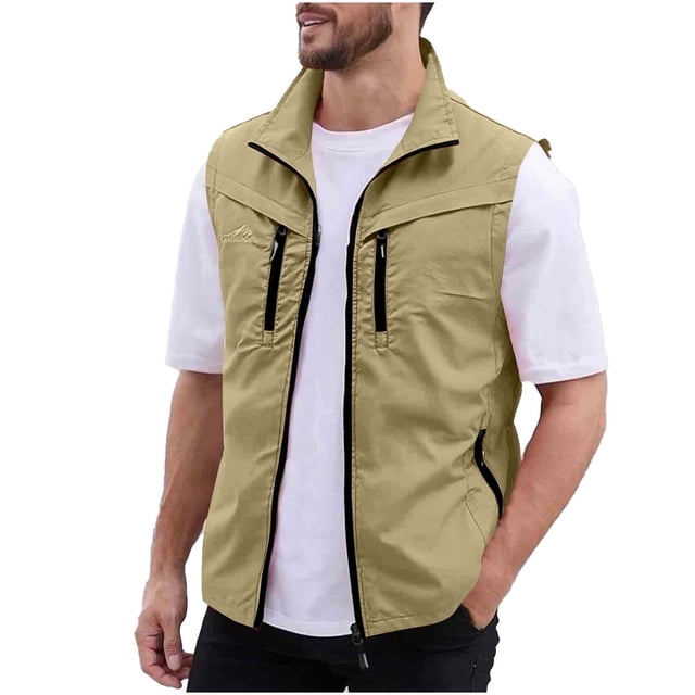 Gilet Tactique pour Hommes, Coupe Ample d'Extérieur d'Urgence à Multiples Poches avec Fermeture Éclair, Col Montant, Veste Sans Manches pour la Randonnée et le Camping