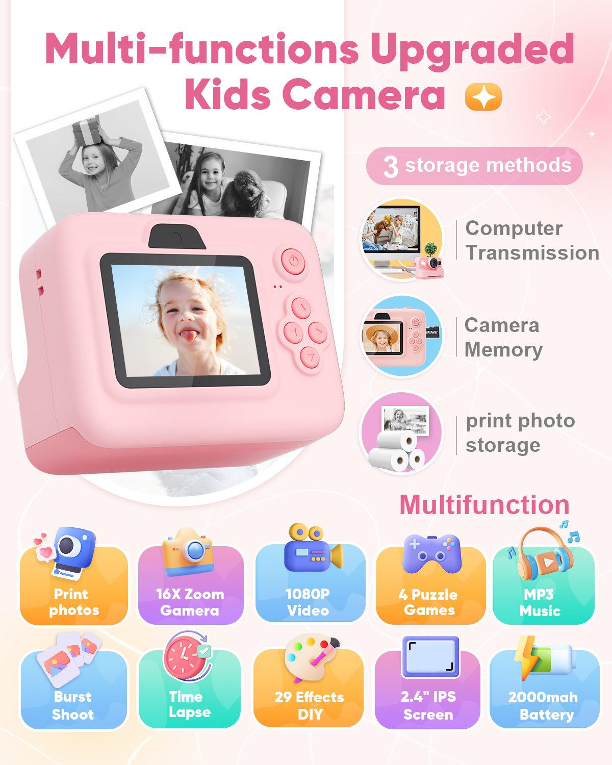 Prysyed Kids Instant Print Digital Camera, 1080P HD, Pink photo 7
