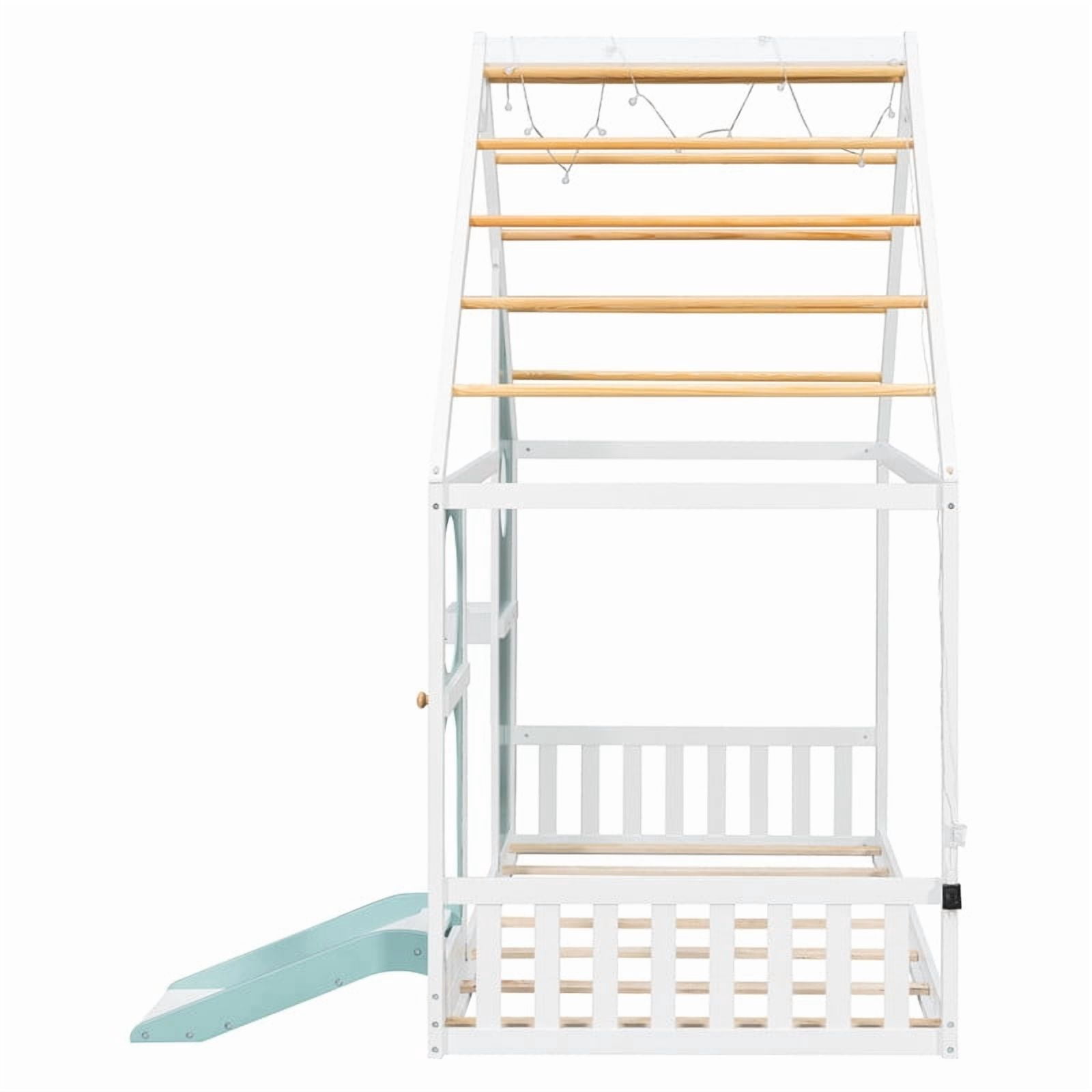 Twin Size Kids House Bed with Small Slide, Wooden Playhouse Floor Design Platform Bed Frame with Light Strip & Storage Shelf