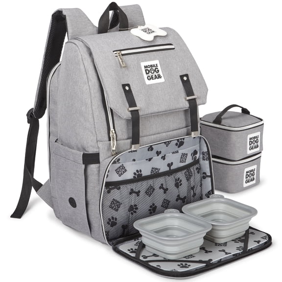 Mobile Dog Gear: Ultimate Week Away Backpack - Light Gray - Food Carriers, 2 Collapsible Silicone Bowls, Placemat, Pet Travel Luggage, Care Essentials
