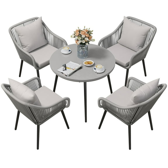 Heynemo 5 Pieces Outdoor Dining Table Set with Cushions,Wicker Patio Dining Set for 4, Rattan Patio Furniture Table and Chairs Set with Umbrella Hole for Garden