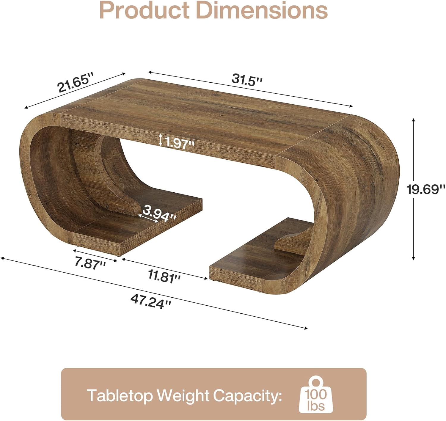 Finmind Farmhouse Coffee Table, 47" Rustic Brown C-Shaped Center Table with Curved Base for Living Room, Entertainment Space, Home Office