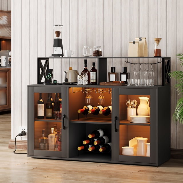 Rustic Wood LED Bar Cabinet with Charging Station and Stemware Rack, Freestanding Coffee Wine Liquor Storage Credenza with Adjustable Shelving, Home Kitchen Living Room Furniture, Black Gray