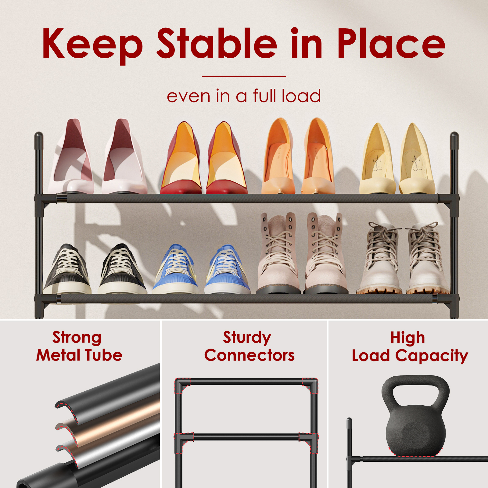 Sakugi 3-Tier Shoe Rack, Black Metal and Fabric photo 3