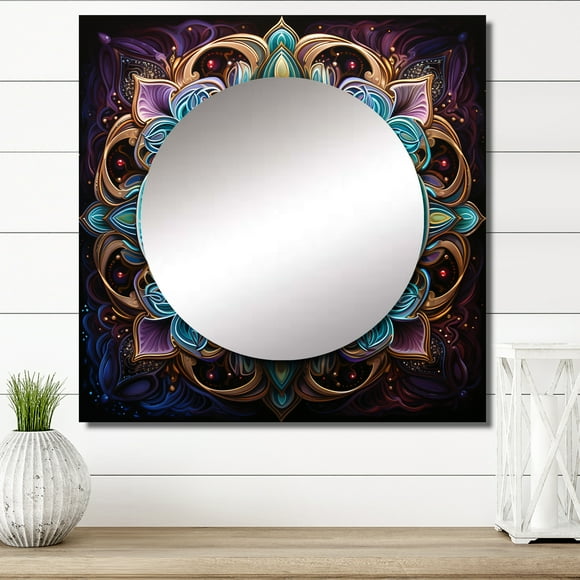 Designart "Ancient Colorful Mandala Magical Heritage" Boho Mandala Square Mirror For Wall Decor - Large Blue Square Printed Wall Mirror Art - Wall Mounted Square Large Mirror