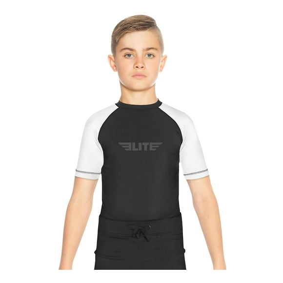 Elite Sports Rash Guards pour Garçons et Filles, Manches Courtes Compression BJJ Enfants et Jeunes Rash Guard (Blanc, Grand)