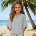 thumbnail image 5 of PiGOGI Girls Ruffle 3/4 Sleeve V-Neck Button Down Top Solid Color Soft Casual Blouse for Kids Gray 9Years, 5 of 8
