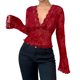 thumbnail image 3 of Tops de verano para mujer,Blusa de malla de encaje con escote en V para mujer, túnica con mangas acampanadas, poliéster, informal y cómoda, para uso diario, sopatenor, 3 of 9