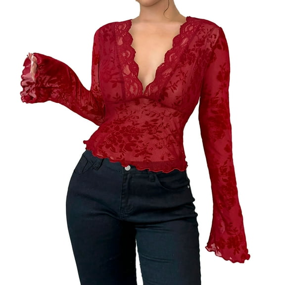 hotojiny Going out Tops for Women Trendy Summer Flare Long Sleeve Shirt Lace Deep V Neck See Through Blouse Spring Outfits