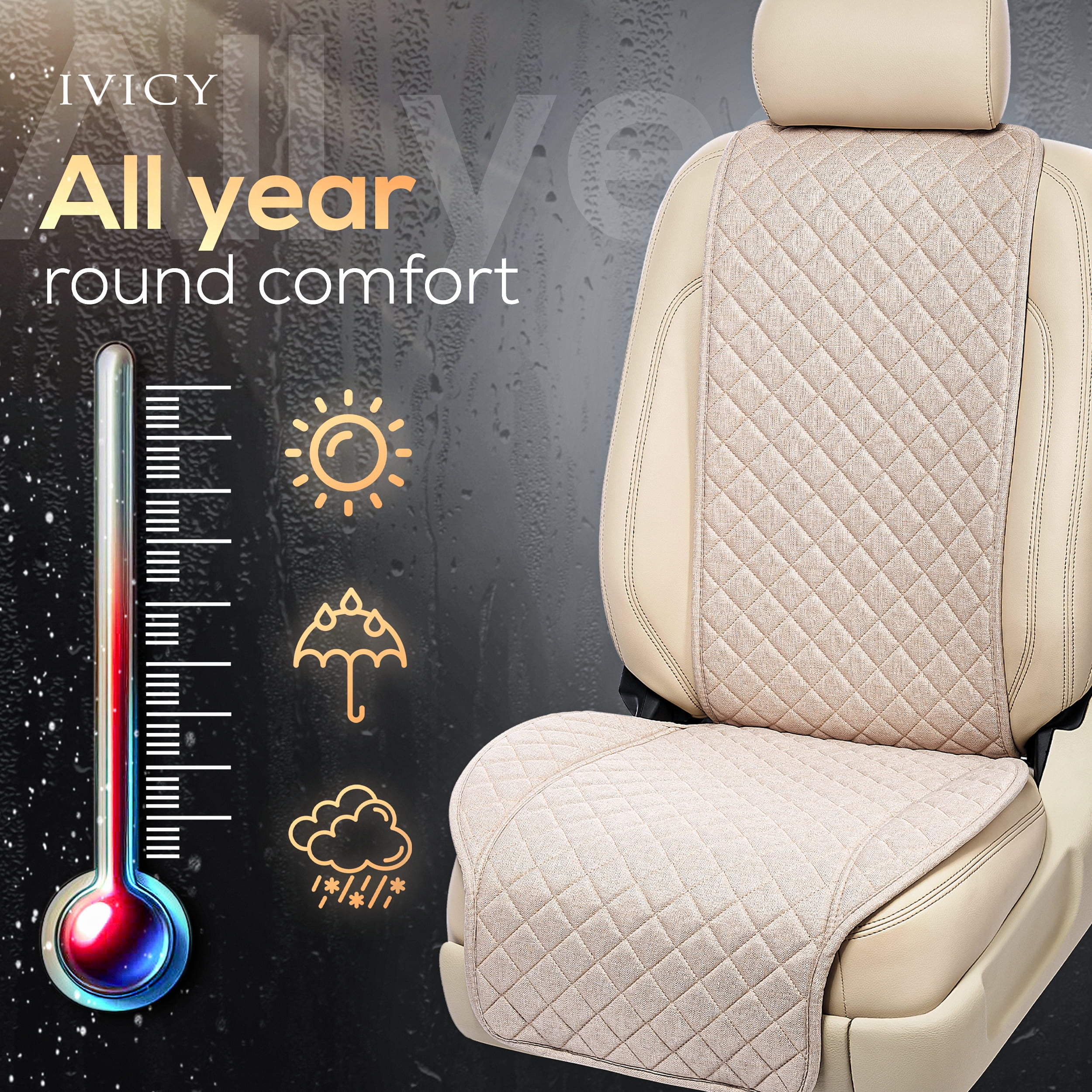 IVICY Faux Linen Front Car Seat Cover – Durable, Non-Slip Seat Protector for Cars – 1 Unit, Beige