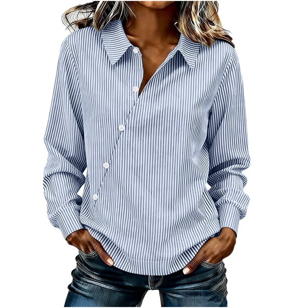 Camiseta de Solapa de Rayas Sueltas de Manga Larga de las Mujeres con Botón de Cuerda Elástica, Malla Estilo Superior