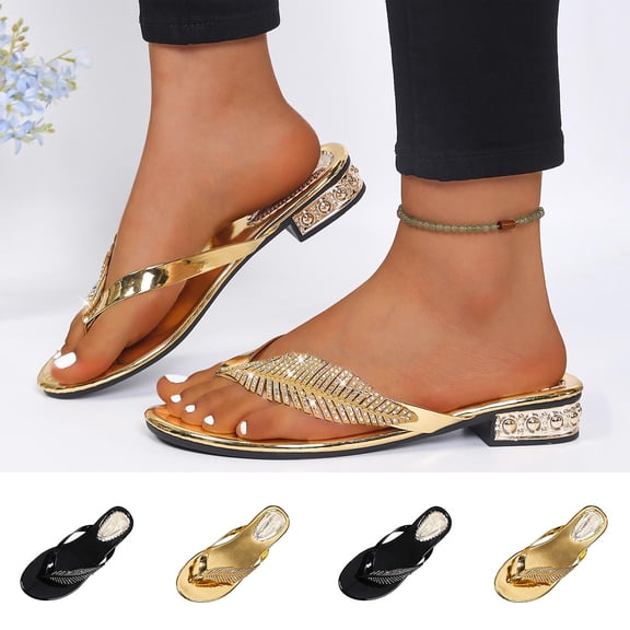 Miluxas Women's Rhinestone Embellished Jelly Flip Flops, Open-Toe Thong Sandals, Slip-On Casual Summer Footwear Gold 9.5(43)
