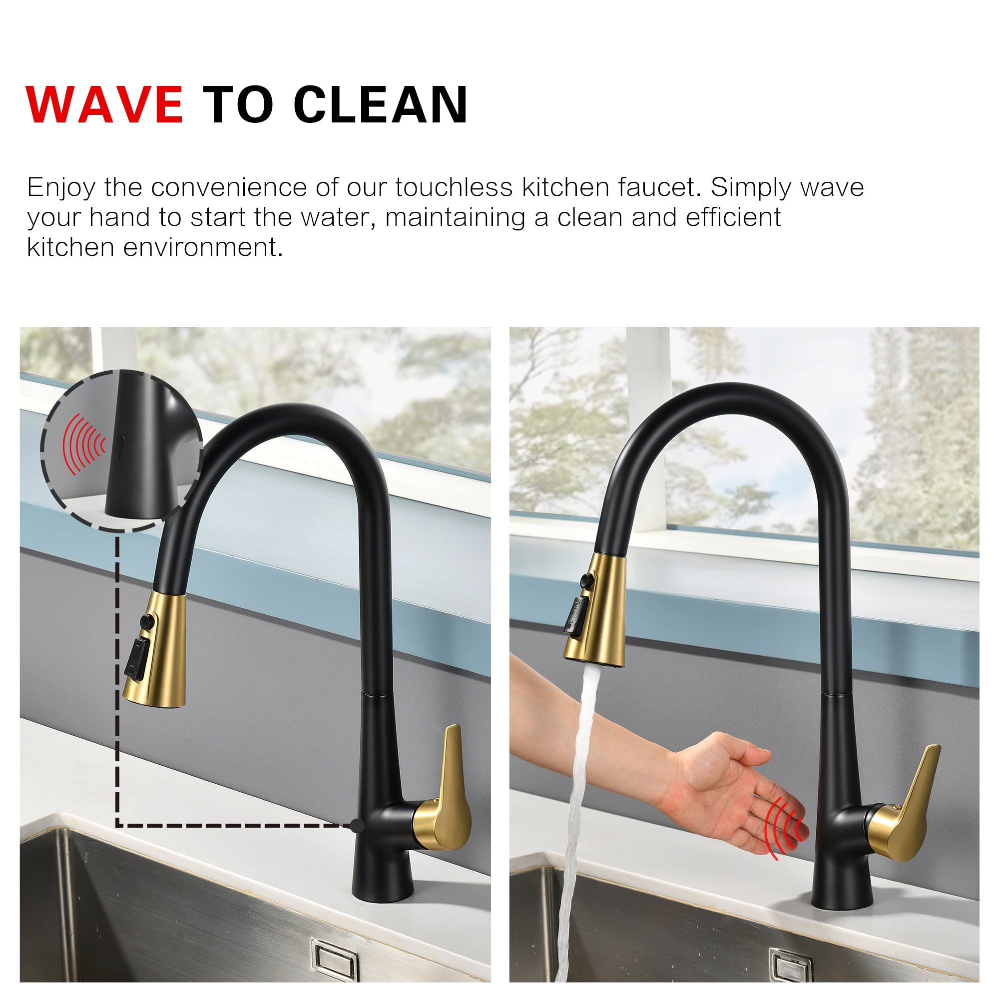 sumerain Motion Sensor Activated Kitchen Sink Faucet with Pull Down Sprayer,Hands-Free Touchless Kitchen Faucet Black & Gold