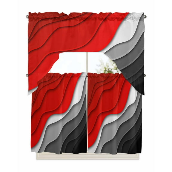 Red Black Ombre Kitchen Curtains Swag Valance and Tier Curtains Set 36 Inch Length, Modern Geometric Abstract Aesthetics Cream Rod Pocket Drape Panels Pair Swag Curtains for Bathroom/Cafe/Window