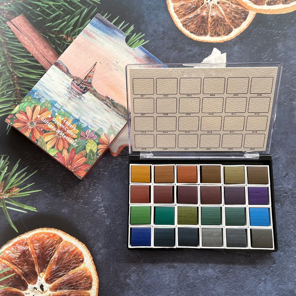 Partygee 24 Color Metallic Watercolor Paints Professional Artist Art Set for Beginner Painting on Paper Woods Fabric DIY Nail Art