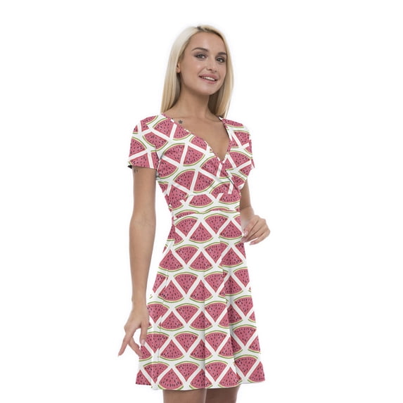 Women’s A Line Watermelon Summer Dress, Retro Triangle Arrangement, Cross Wrap V Neck, 6 Sizes, by Ambesonne
