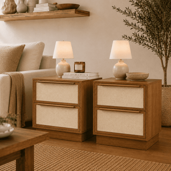 EcoNovi 2 Pack Caramel Walnut Nightstand, 2 Drawer Rattan-Look Bedside Table, Matching Storage Cabinet