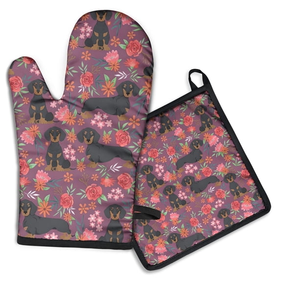 Dachshund Dog and Flower Floral Kitchen Oven Mitt and Pot Holder Sets 2 Pcs for Baking, Cooking and Grilling, Heat Resistant Up To 392 °F