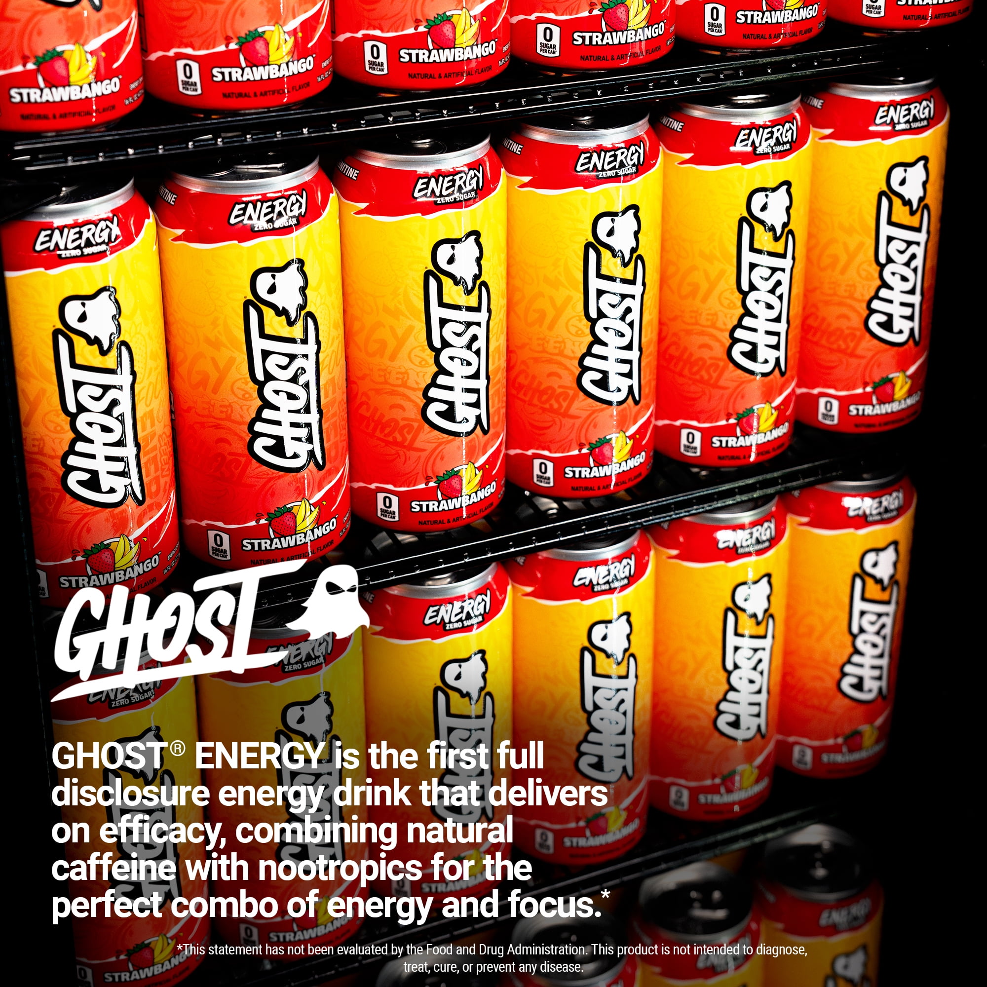 GHOST Zero Sugar Energy Drink, Strawbango, 16 oz Can, 12 Pk