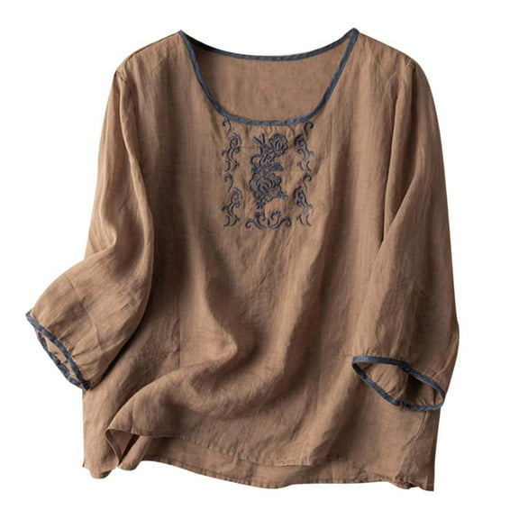 Women's Summer 3/4 Sleeve Ethnic Embroidered Casual T-Shirt Fashion Top Comfortable Breathable Stylish Blouse