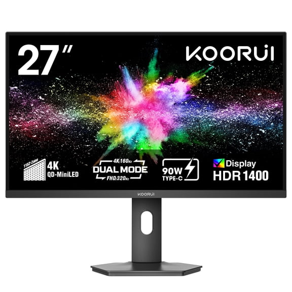 KOORUI 27” 4K UHD QD-Mini LED Gaming Monitor, 160Hz/Up to 320Hz Fast IPS Computer Monitor HDR 1400, 1ms Adaptive-sync, Type-c, New