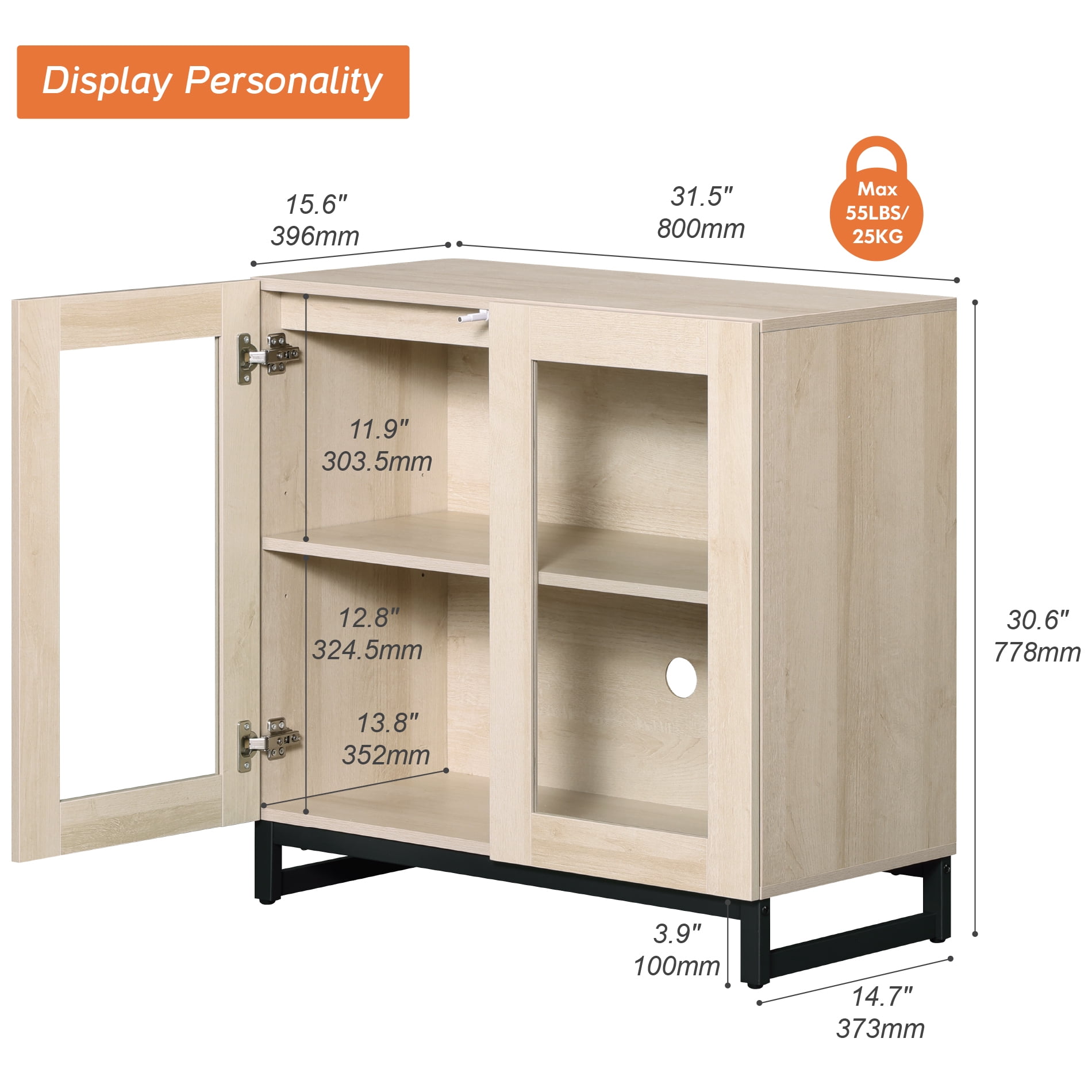 Modern TV Stand with Glass Doors, Entertainment Center TV Console with Adjustable Shelves, Media Storage Furniture for 32-40 Inch TVs, Suitable for Living Room,Beige