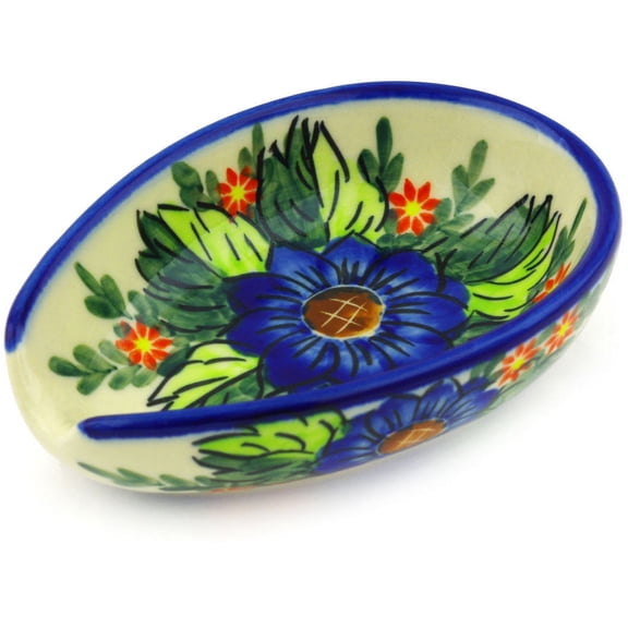 Polish Pottery 5-inch Spoon Rest (Blue Bouquet Theme) Hand Painted in Boleslawiec, Poland   Certificate of Authenticity