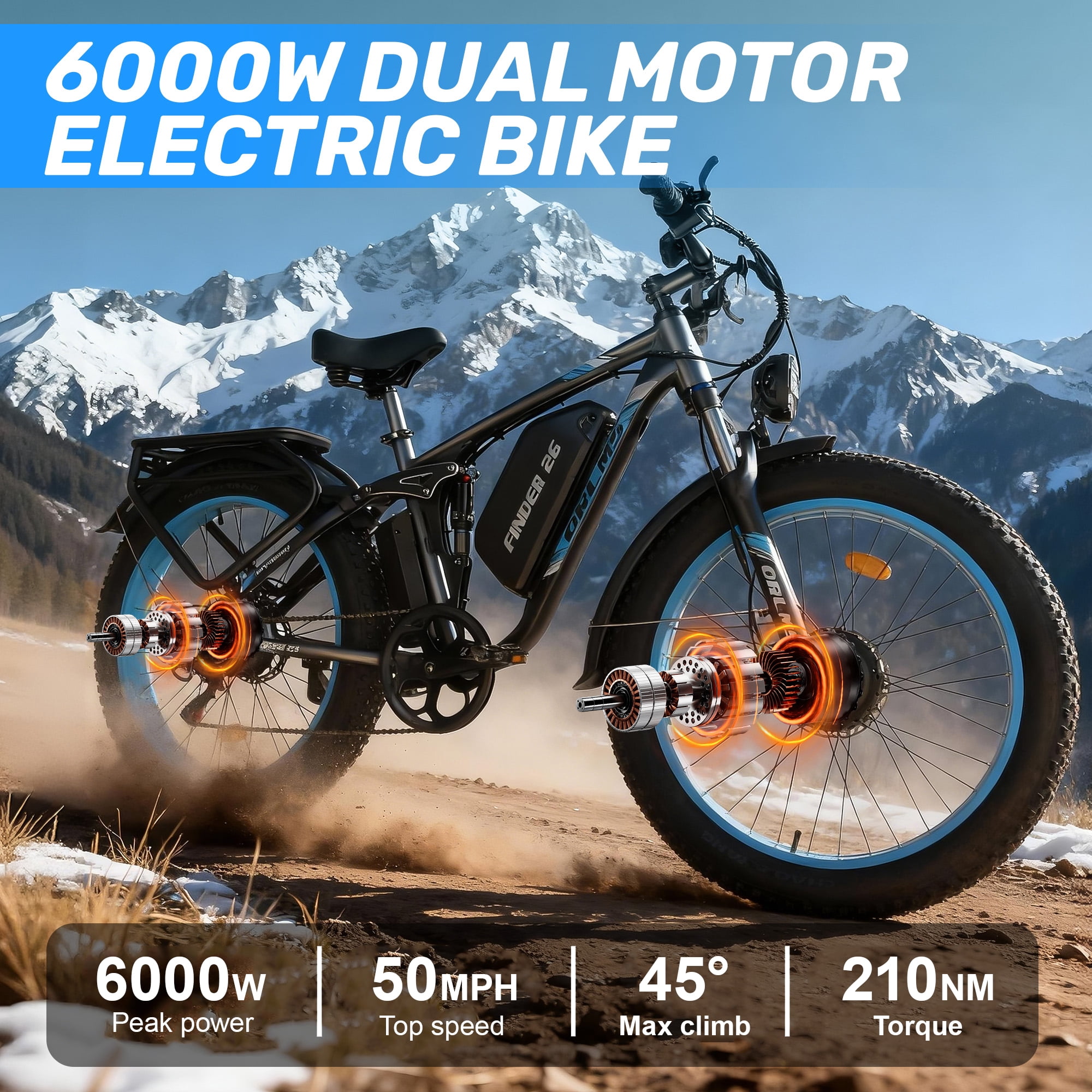 Dual Motor Electric Bike for Adults, 6000W Peak, 60V 25Ah, 26" Fat Tire, Full Suspension, 45mph High-Speed, Hydraulic Brakes, for Off-Road & Commuting